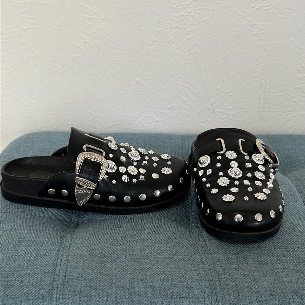Black Studded Crystal Buckle Clog Mules